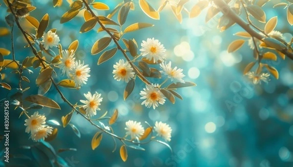 Fototapeta White daisies in bloom against a blurry background of green leaves and blue sky. AI.