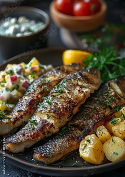 Fototapeta Brathering - Fried herring served with a side of potato salad. 
