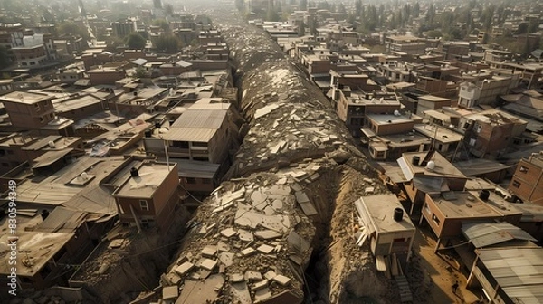Fototapeta A powerful earthquake splitting the ground in a densely populated city