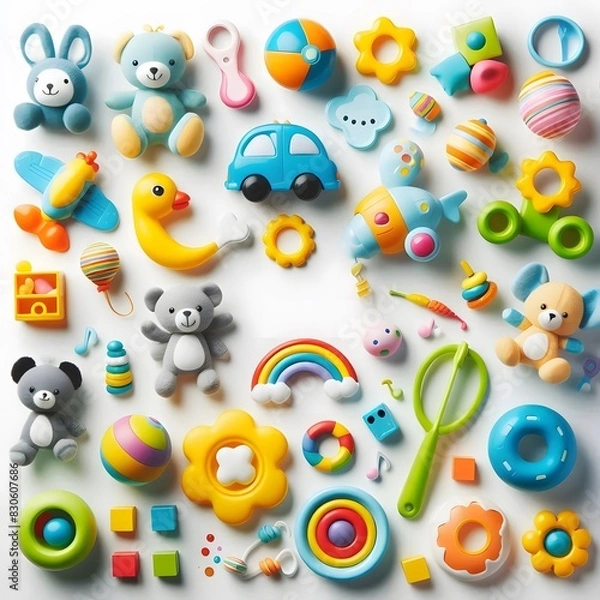 Fototapeta AI Generate of Assorted Kid Toys, Baby Toys, Toddler Toys, Toys. Top View. Flat Lay. White Background.