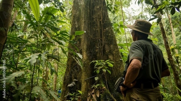 Fototapeta A man in a hat and outdoor gear observes a massive ancient tree in a lush rainforest, emphasizing nature exploration.