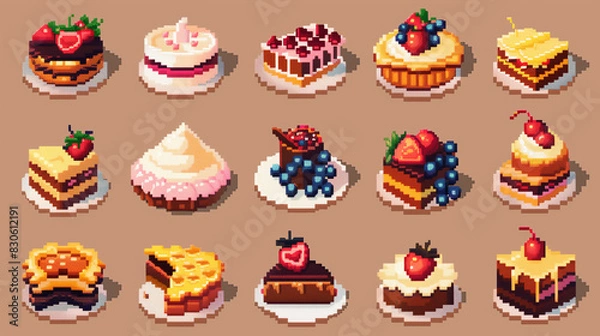 Fototapeta A collection of pixel art icons showing different types of foods, including cakes, pies, and pastries. , pixel art, set of icons, game assets
