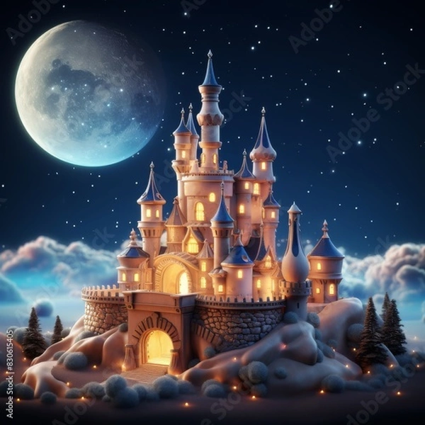 Fototapeta Magical 3D plasticine art of an illuminated enchanted castle set against a moonlit sky, surrounded by twinkling stars and fluffy clouds.