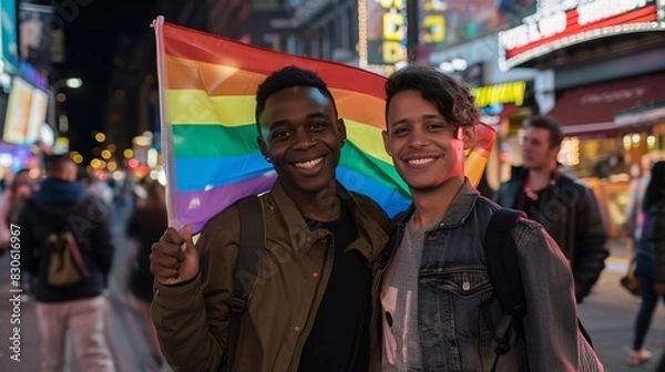 Obraz A dark night scene of a city street, where two real gay men of different races, one black and one white, are holding a rainbow flag and smiling. They are looking at the camera with confidence and