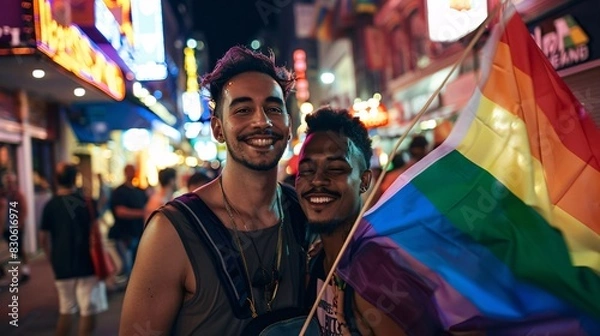 Obraz A dark night scene of a city street, where two real gay men of different races, one black and one white, are holding a rainbow flag and smiling. They are looking at the camera with confidence and