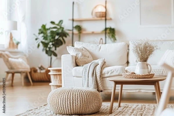 Fototapeta A cozy interior adorned with minimalist decor, featuring soft lighting, neutral tones.