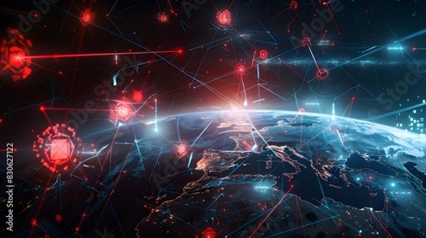 Fototapeta A digital visualization of global cybersecurity networks with red nodes and connecting lines, illustrating internet security threats.
