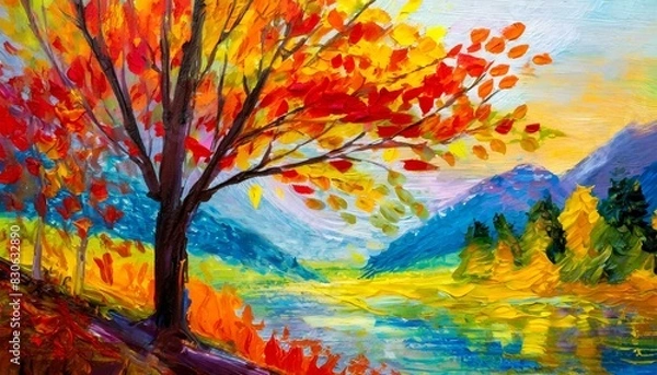 Fototapeta Painting of a tree with colorful flowers in the autumn season. Oil color painting. Generative AI.