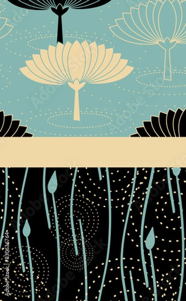 Obraz japanese style card with lotus pond patterns in ivory blue brown shades
