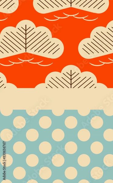 Obraz japanese style greeting card pine tree polka dots red blue ivory