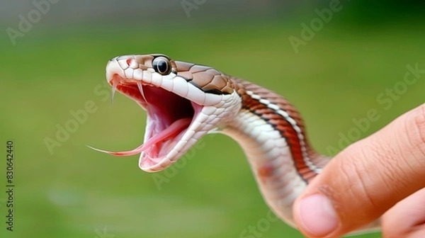 Fototapeta snake in the hands of a man. A snake attacks a man. The snake hisses and bites. Dangerous snakes