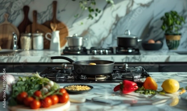 Fototapeta home kitchen scene with an array of fresh ingredients and cookware on the countertop