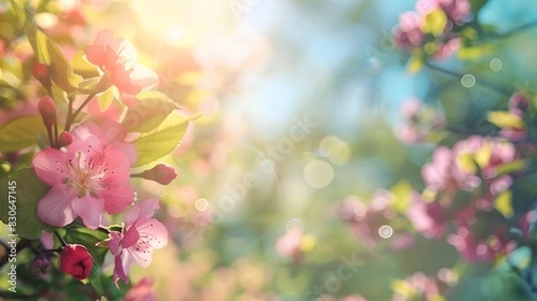 Fototapeta Blurred spring background with blooming flowers, vibrant trees, and a blue sky on a sunny day
