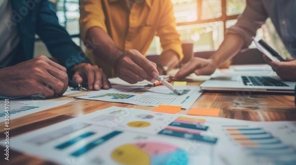 Fototapeta Data-driven marketing strategy for startups: Collaboration is key. Startup team analyzes data to fuel strategic marketing decisions.