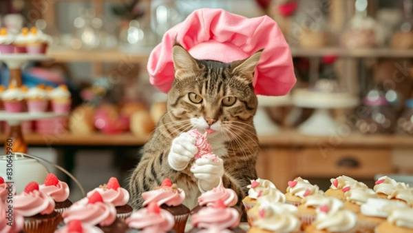 Obraz Tabby cat in a chef's hat decorating cupcakes in a bakery setting.