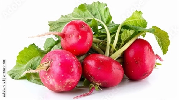 Fototapeta Fresh organic red radishes with green leaves on rustic wooden table - vibrant root vegetables for healthy cooking, salads, and wholesome nutrition - perfect for vegan, vegetarian, and culinary uses, h