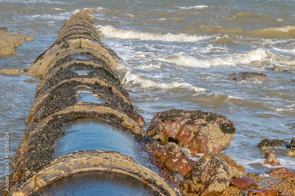 Fototapeta Low tide reveals the old Victorian sewerage pipe 