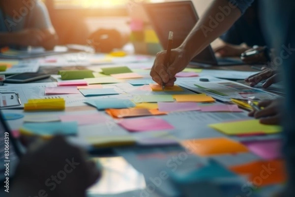 Fototapeta An unrecognizable man writes on colorful sticky notes in his office next to his work team