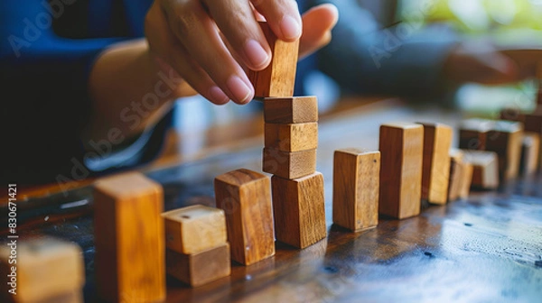 Obraz Businesswoman hand Stopping Falling Wooden Domino, generative AI