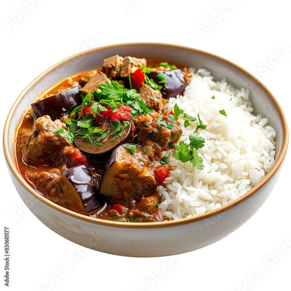 Fototapeta Front view of Khoresh-e Bademjan with Iranian eggplant stew, food photography style, isolated on a white transparent background