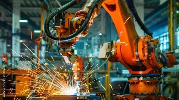 Fototapeta Industrial Robot Welding with Sparks in Factory
