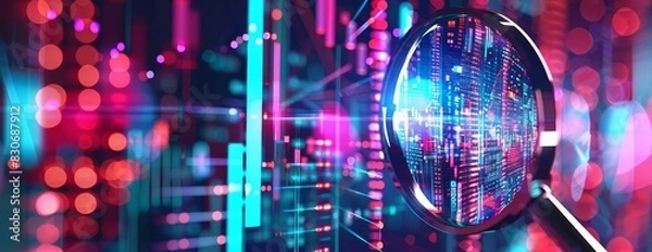 Fototapeta A magnifying glass hovers over a glowing circuit board