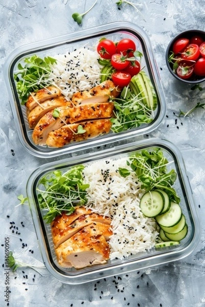 Fototapeta Photo 2 meal prep lunch boxes containers with chicken, white rice and salad top, looking delicious, amateuer photo shot --ar 2:3 --style raw --stylize 50 Job ID: 88077744-76e8-4cc4-9d79-96520410298a