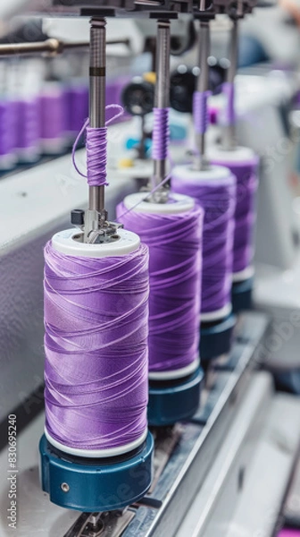 Fototapeta Close-Up of Purple Thread Spools on Textile Machine in Factory Setting