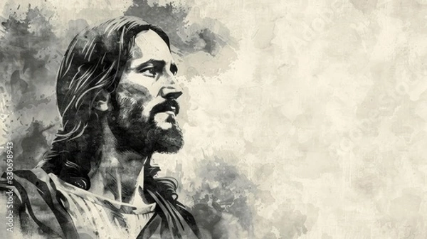 Fototapeta A man with a beard and long hair is depicted in a painting