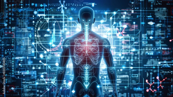 Obraz A computer interface seamlessly integrated into a human body, representing advanced bioengineering. 