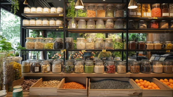 Obraz Zero waste grocery store where customers bring their own containers to fill with bulk food items and package-free products , concept of reducing waste and conscious consumption and minimal packaging