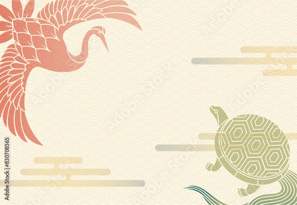 Fototapeta 鶴と亀と和雲の背景イラスト素材 ベクター 敬老の日 縁起物 長寿 年賀