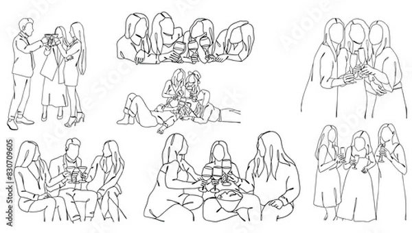 Obraz Line art of people cheering glasses of wine, one line art, celebearting, clinking glasses
