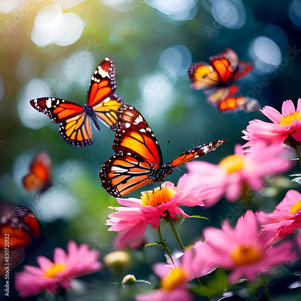 Fototapeta A bunch of butterflies that are on beautiful pink flowers nature spring blooming environment with blurred background
