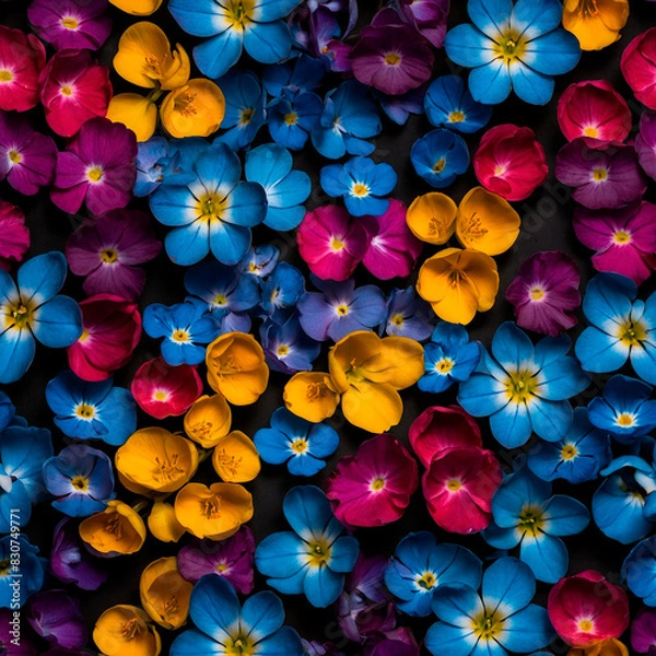 Fototapeta Vibrant pattern of flowers with a dominant presence of blue and orange and purple hues. The flowers are colorful Forget-me-nots.