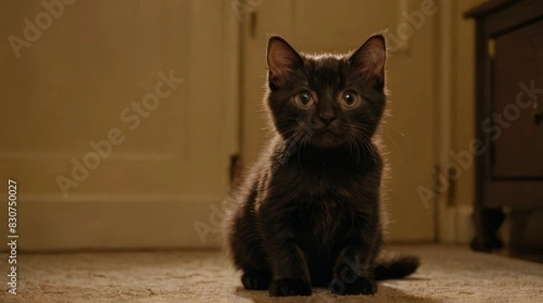 Fototapeta Cute Black Kitten Sitting on Carpet