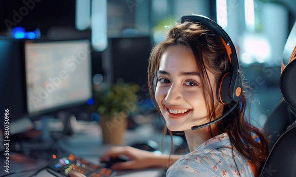Fototapeta Smiling Girl Call Center Operator, Customer Service Agent With Headset Working In A Call Center. Generative AI. 