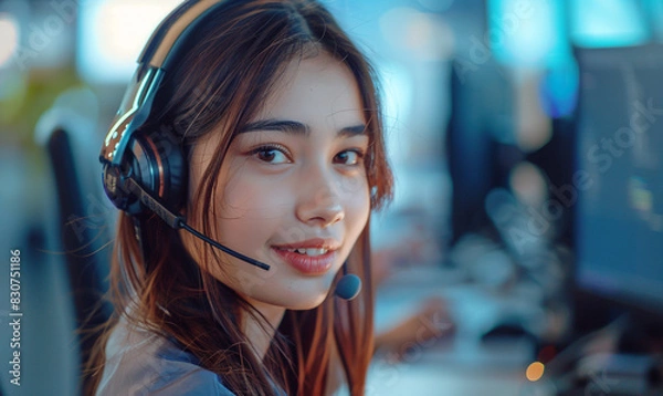 Obraz Smiling Girl Call Center Operator, Customer Service Agent With Headset Working In A Call Center. Generative AI. 