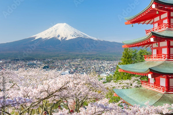 Fototapeta Red pagoda with Mt. Fuji as the background