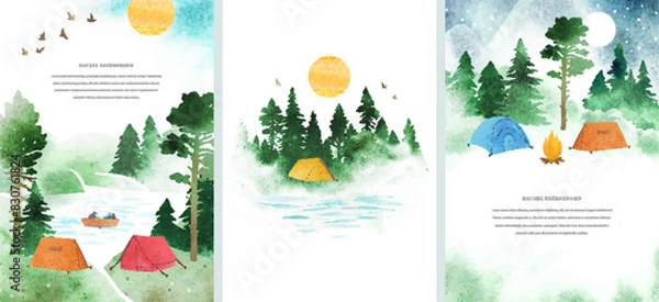 Fototapeta Touristic camp with tents. Set watercolor vector templates with tents, mountains, boat, bonfire, river, forest and space for text. Travel concept. Illustrations for print, book, banner, card, flyer