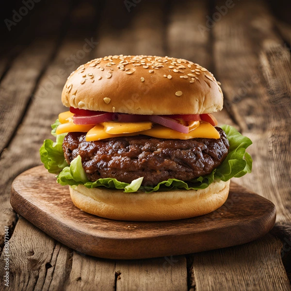 Fototapeta Food photography for a burger shop menu. National Geographic quality photography of a juicy  with a bun sitting on a wooden board, professional presentation and photography