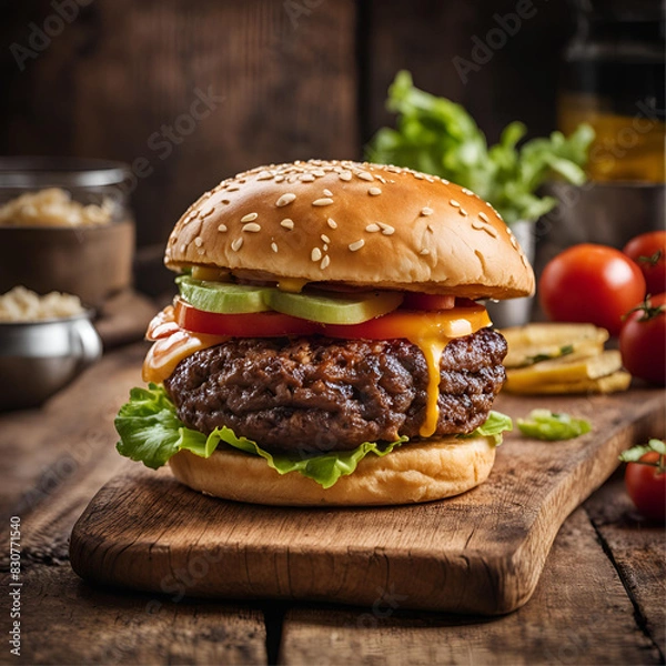 Fototapeta Food photography for a burger shop menu. National Geographic quality photography of a juicy  with a bun sitting on a wooden board, professional presentation and photography