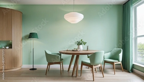 Fototapeta Mint color chairs at round wooden dining table in room 
