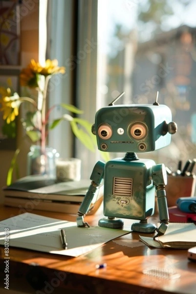 Fototapeta A small robotic educational assistant sits on a table ready to help with learning.