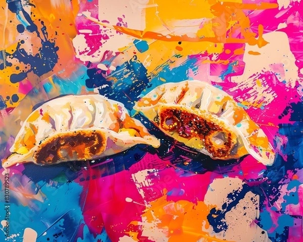 Fototapeta Four crispy golden dumplings on a colorful abstract background.