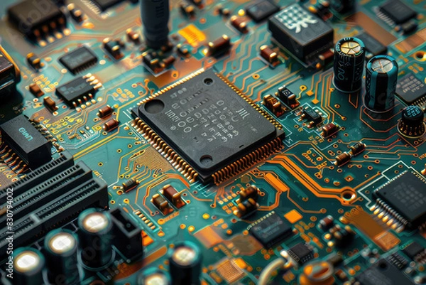 Fototapeta Central processor  CPU and ram on circuit board. Computer hardware