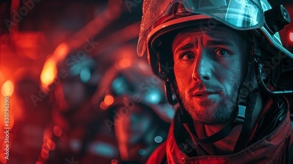 Fototapeta A firefighter coordinating with a team, close up, teamwork theme, realistic, overlay, command center backdrop