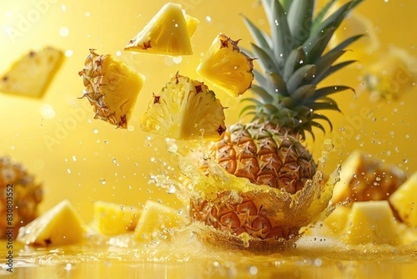 Fototapeta A pineapple is sliced and splashing water on a yellow background