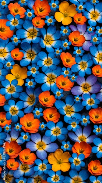 Fototapeta Vibrant pattern of flowers with a dominant presence of blue and orange and purple hues for 16:9 background. The flowers are colorful Forget-me-nots.