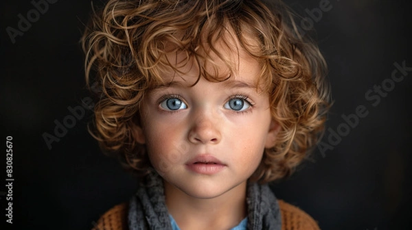 Fototapeta Professional studio photo portrait of a cute little boy, lovely kid with naive face, a child with a emotional expression, widescreen 16:9